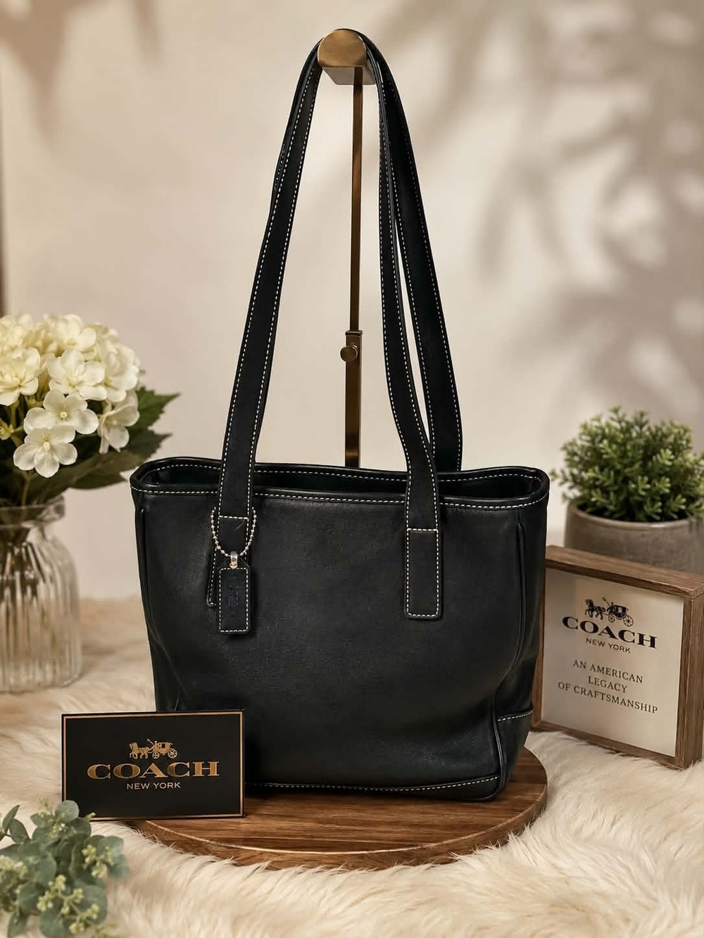 Coach Black Leather Tote with Contrast Stitching